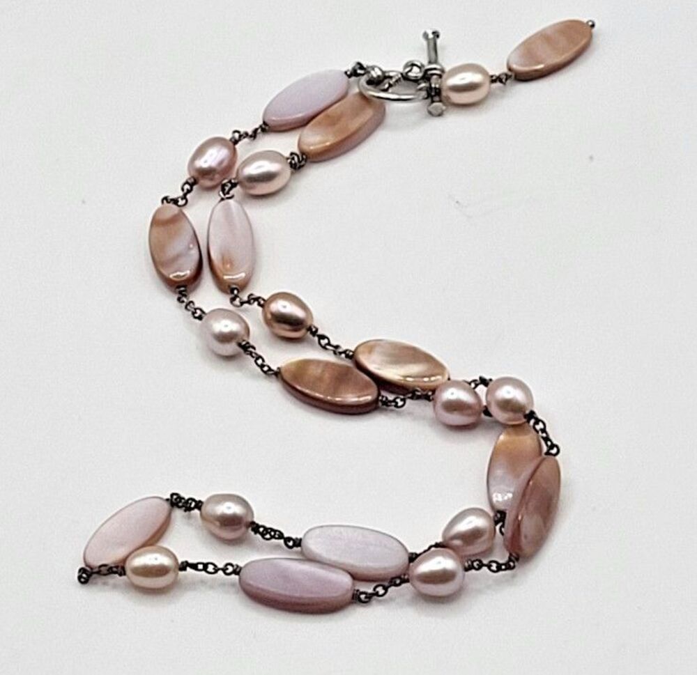 Pink Freshwater Pearl & Mother-of-Pearl Shell Toggle Necklace 925 20in Gemstone